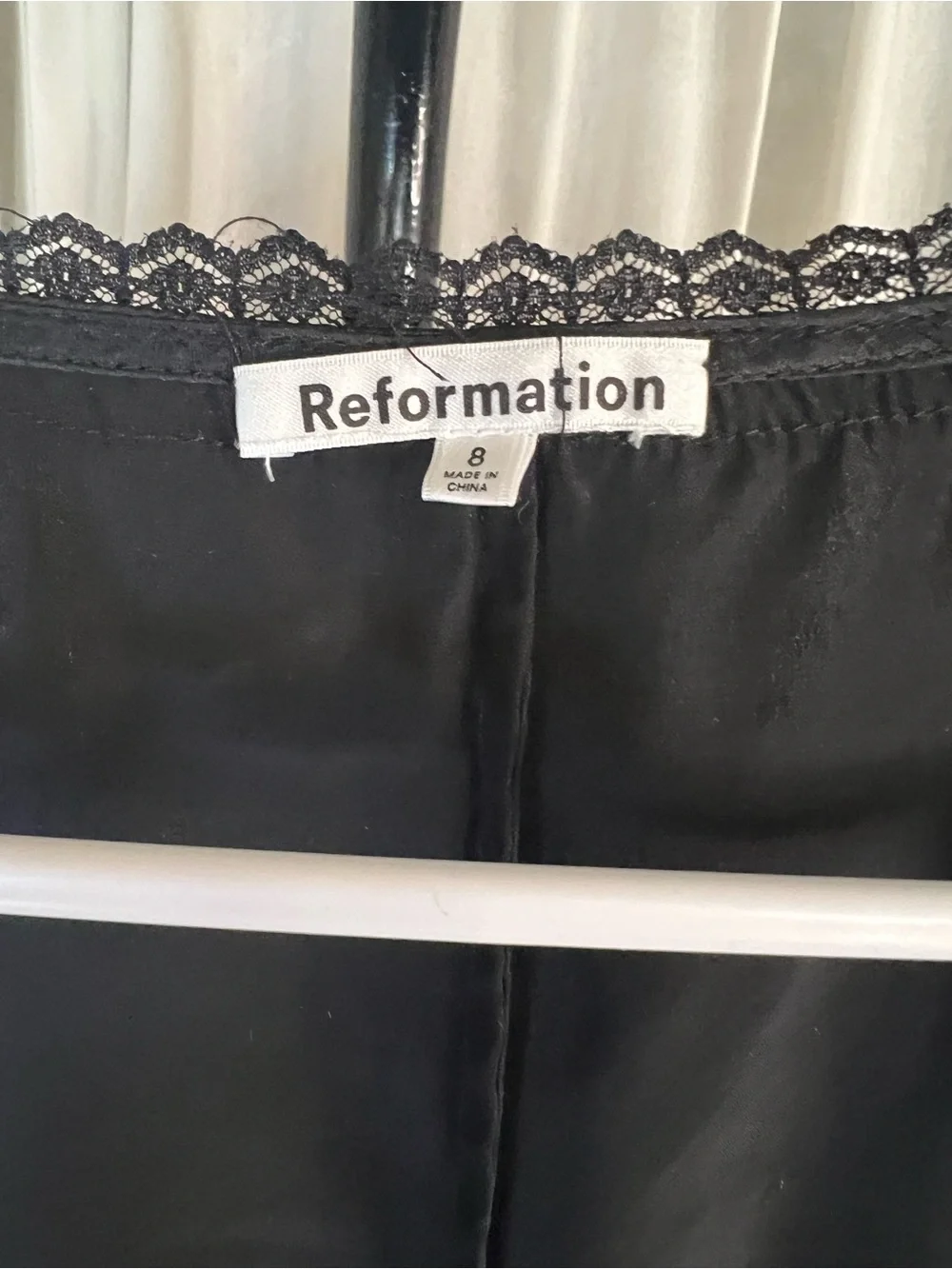 Reformation Lucinda Black Silk Satin Witchy lace-Trim Tie-Front Crop Blouse